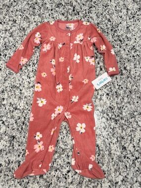 Carter's Baby Girl’s Coral Floral Snap-Front Fleece Footed One-Piece, 9 mo, NWT